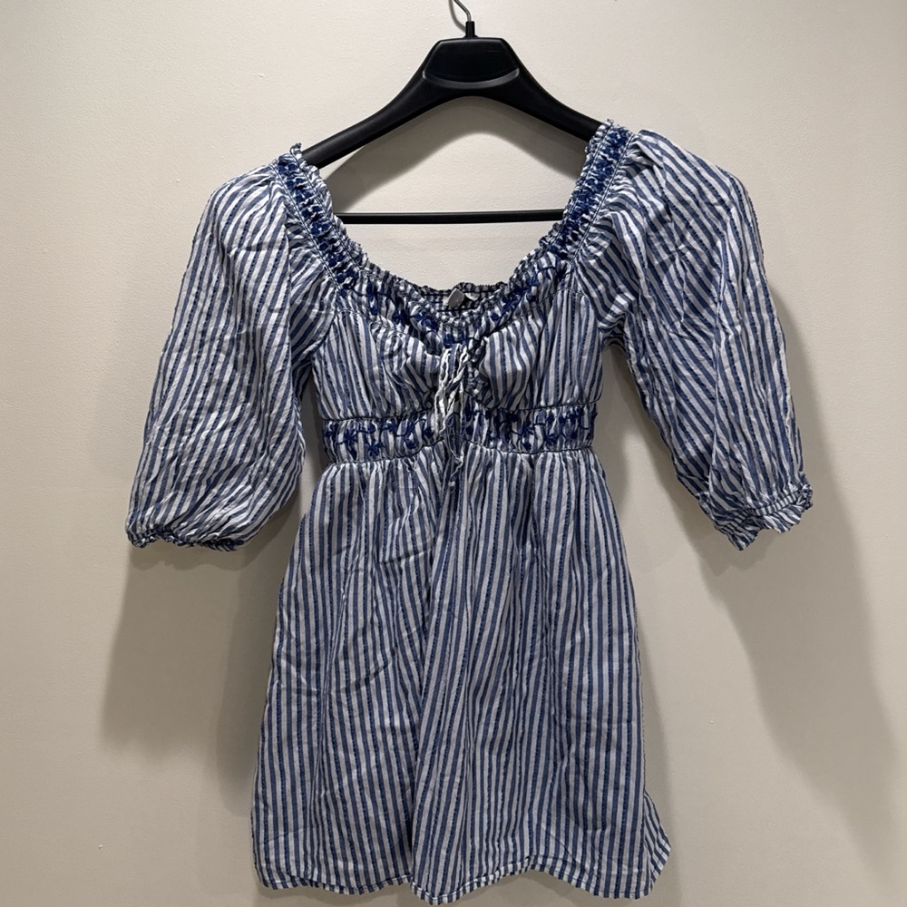American Eagle Blue & White Striped Milkmaid Off Shoulder Mini Dress XS